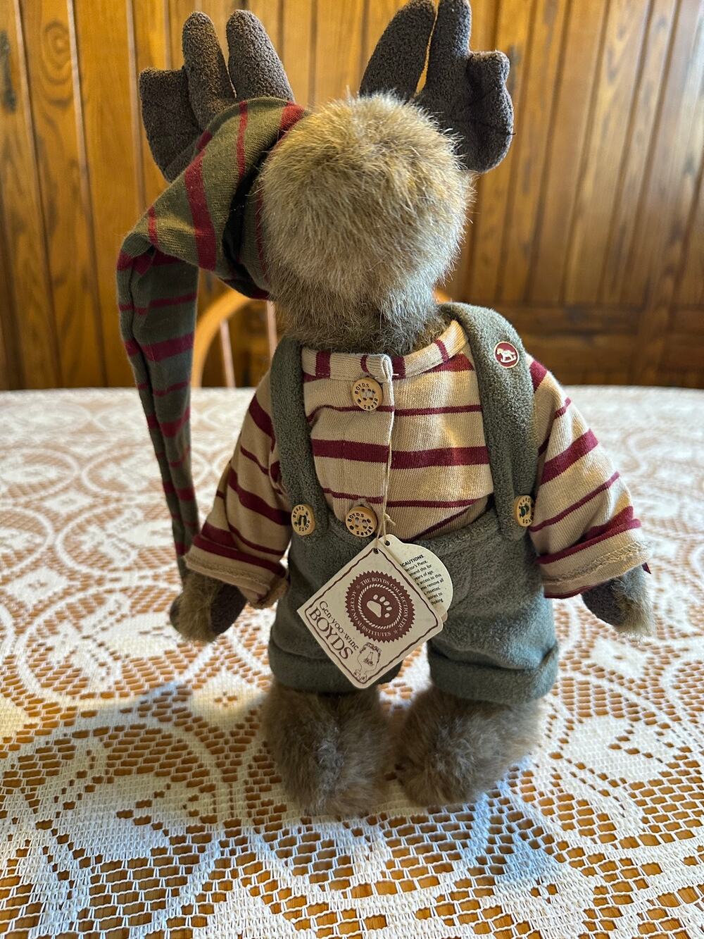 Boyds Bears Plush Moose Overalls Striped Shirt Nightcap Tagged 12"